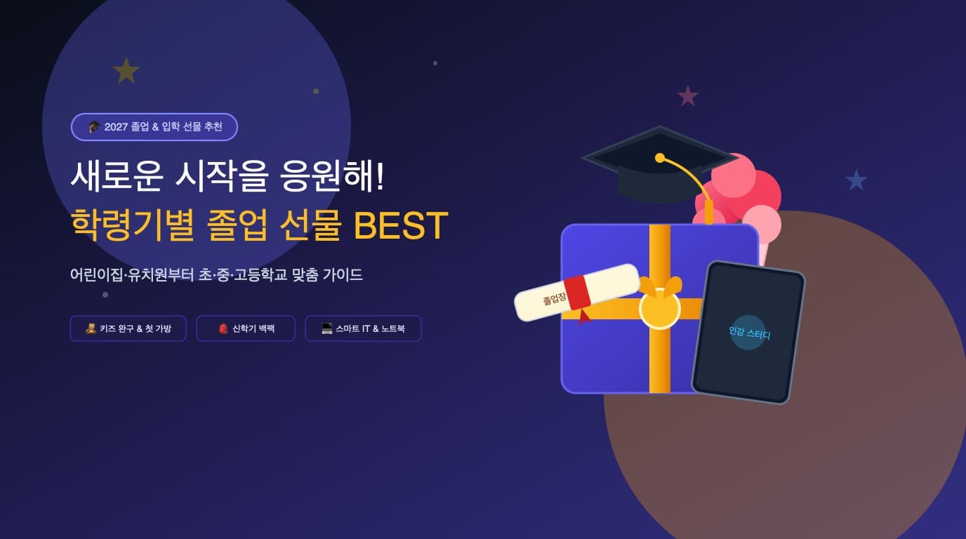어린이집, 유치원, 초등학교, 중학교, 고등학교 연령별 졸업 선물 추천 가이드 메인 비주얼